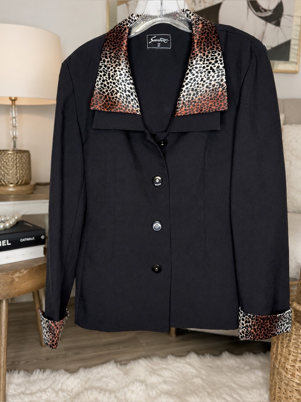 Vintage Y2K Sweet Suit Black Animal Print Blazer Shoulder Pads Medium